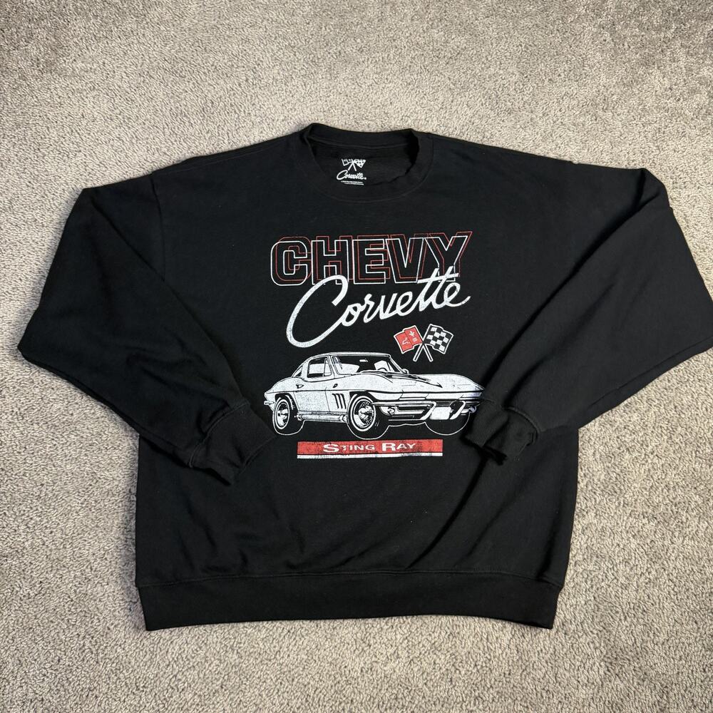 Corvette Sweatshirt Mens M Black Chevy Sting Ray Graphic Crewneck Pullover